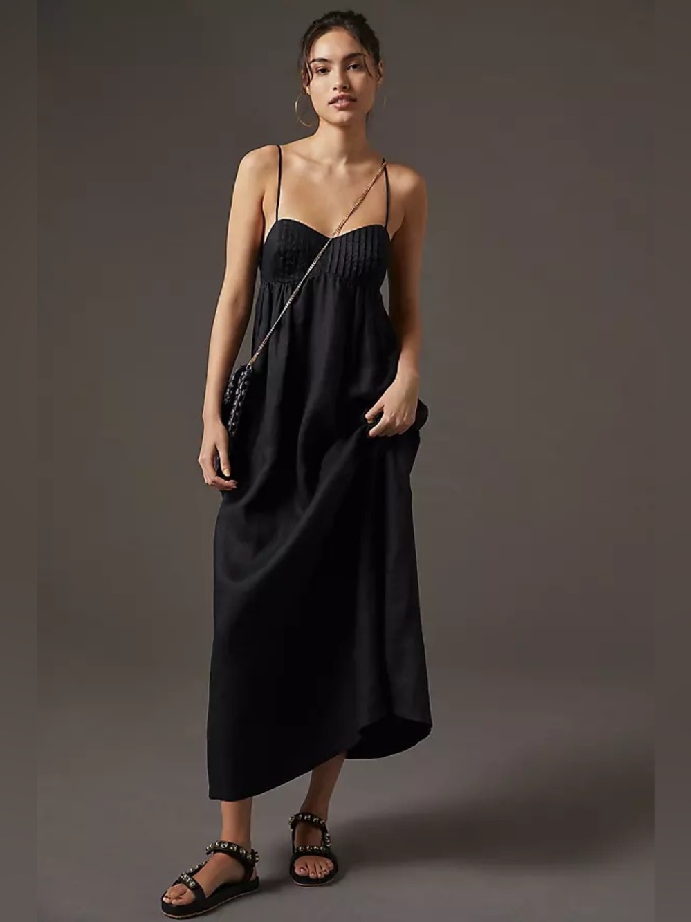 Anthropologie Maeve Black Linen Strappy Tie Back Cami Maxi Dress Size Medium
